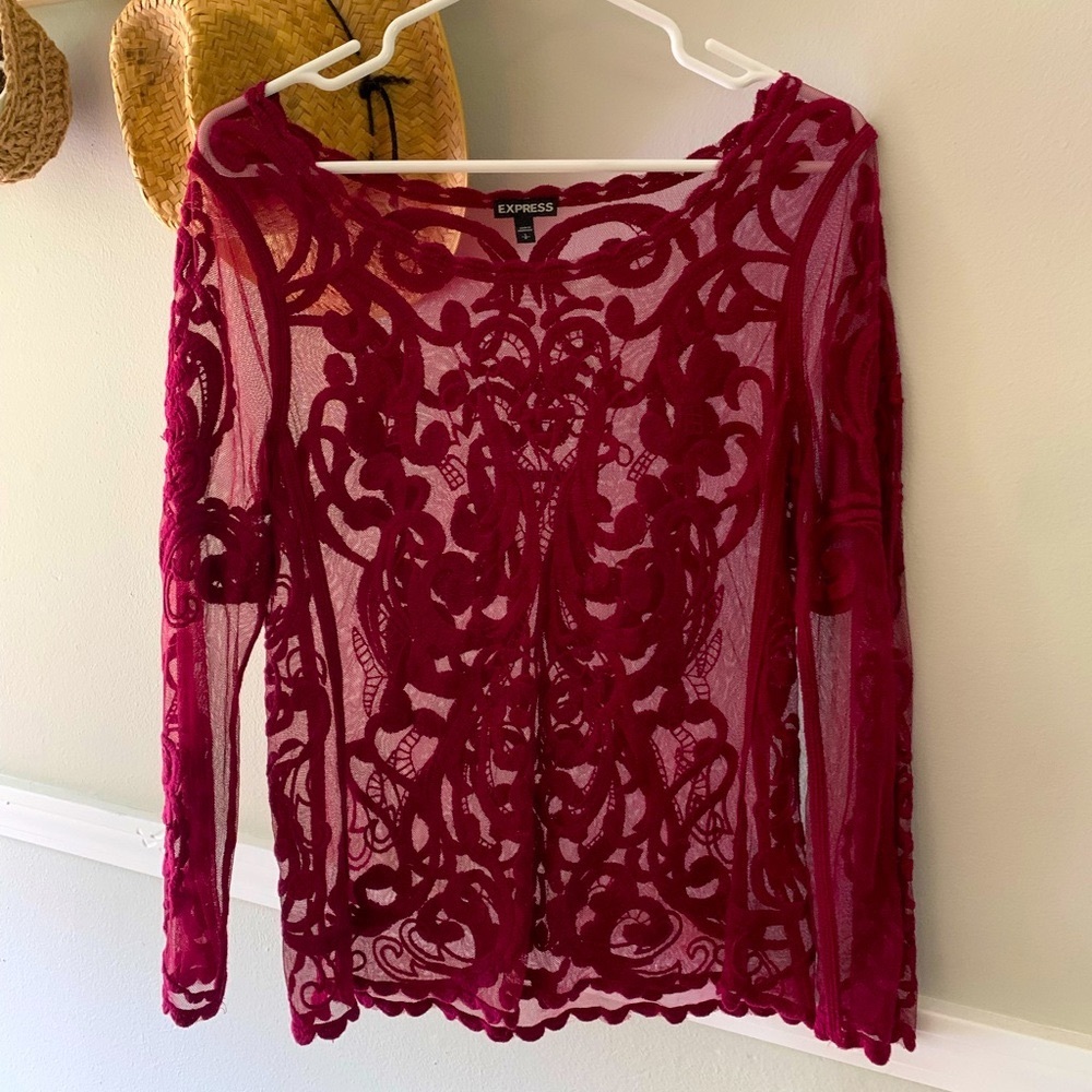 Burgundy long sleeves embroidered lace sheer Express top. Size: S